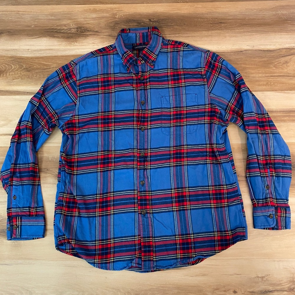 Lands' End Mens Flannel Shirt Large 16-16.5 Blue Red Plaid Button Down